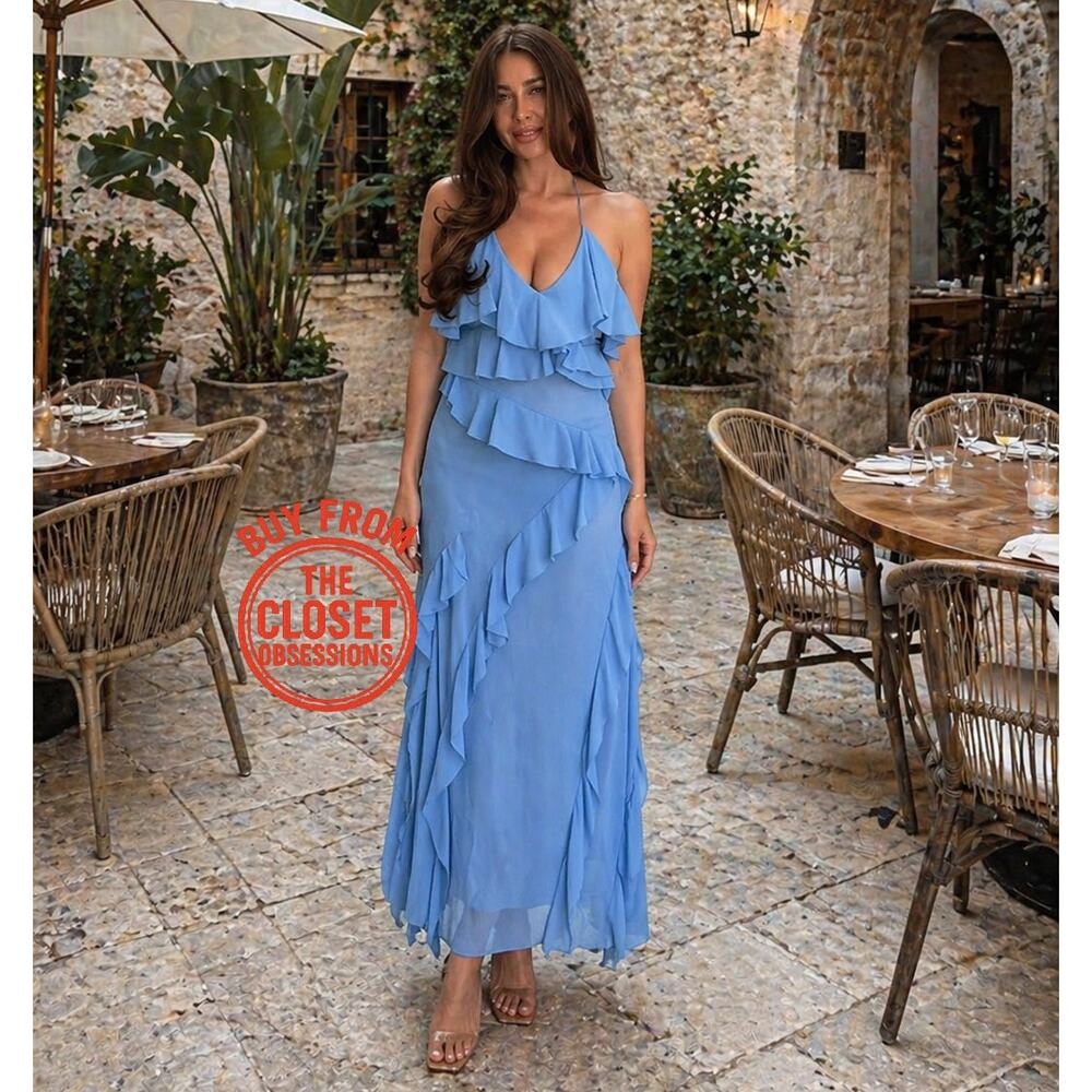 Zara Blue Ruffle Tiered Maxi Dress Strappy V-Neck Flowy Wedding Guest Size M L - Picture 8 of 16